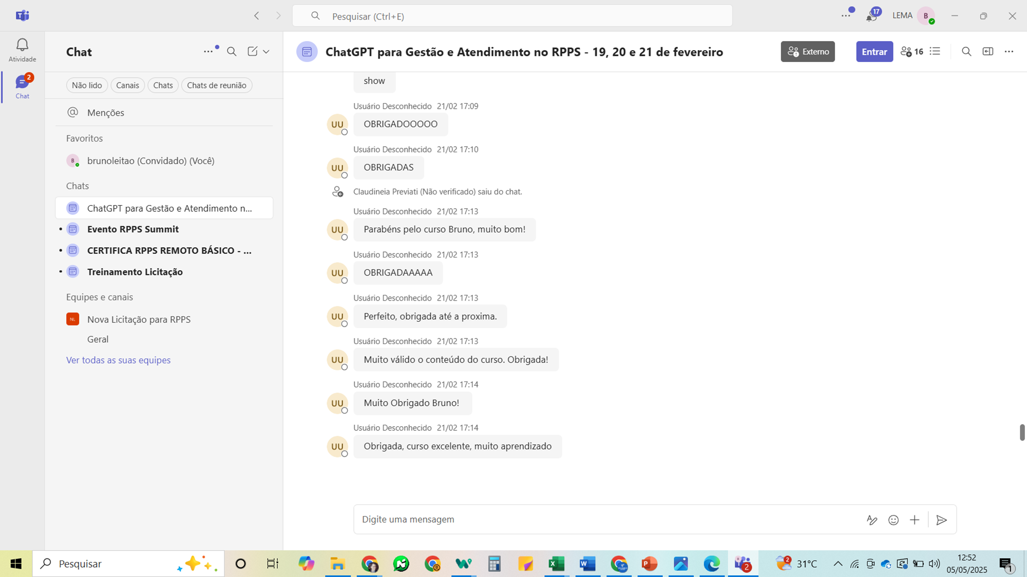 Mensagens de agradecimento dos participantes do curso ChatGPT - demonstrando satisfação com o aprendizado
